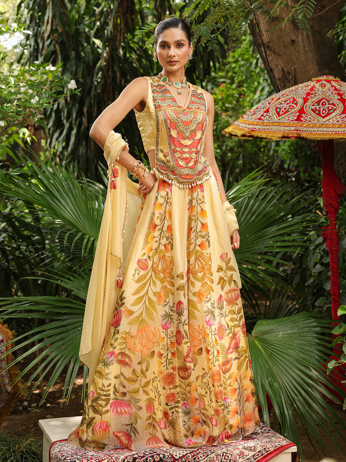 Elegant floral lehenga choli with heavy designer cape jacket