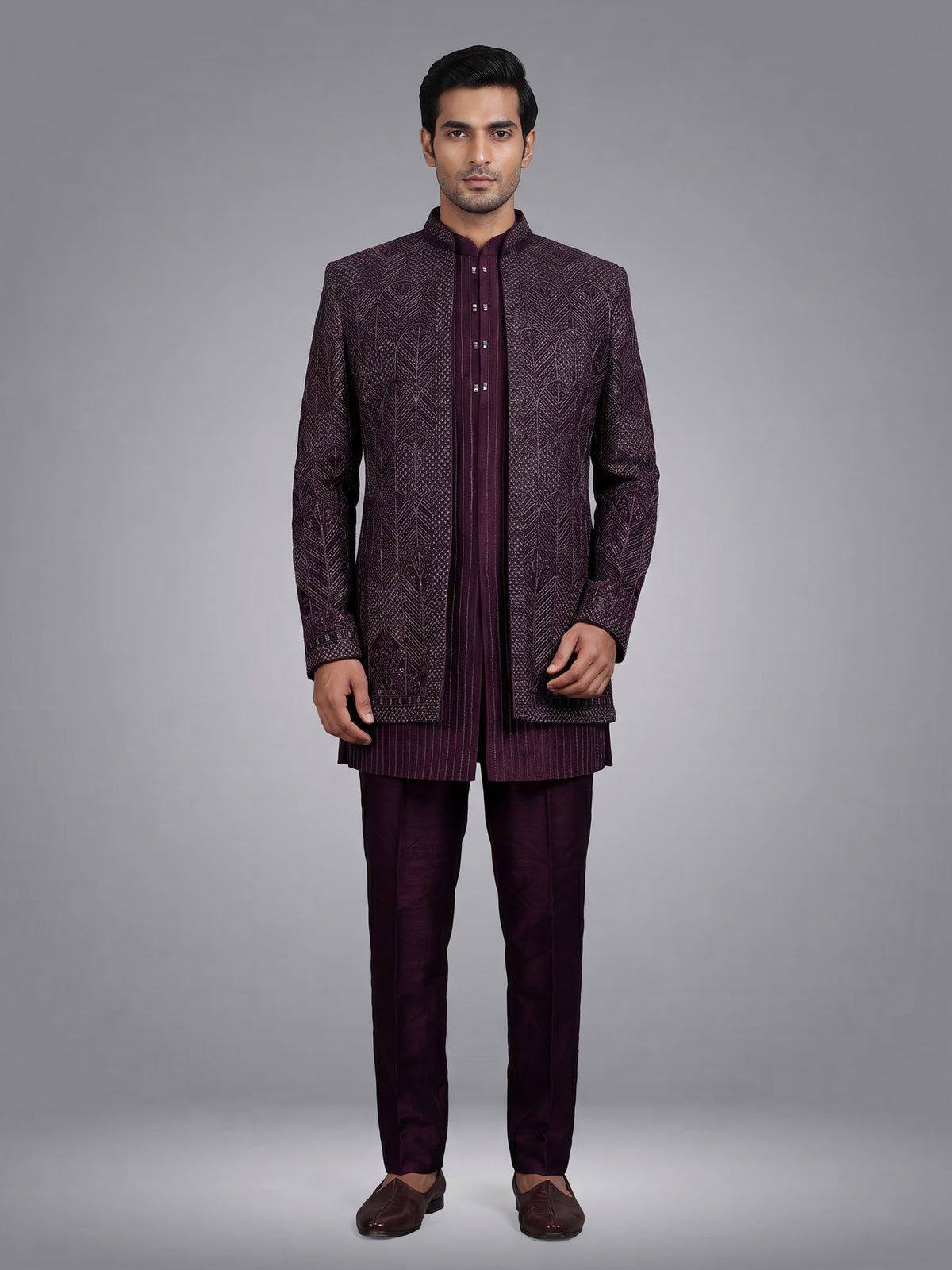 Deep wine embroidered layered indowestern suit for mens