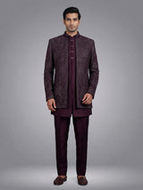 Deep wine embroidered layered indowestern suit for mens