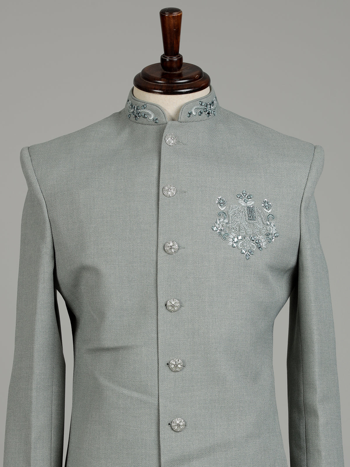 Pista green embellished crest motif indowestern suit for mens