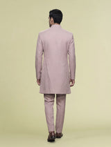 Dusty rose pink embellished crest motif indowestern suit for mens