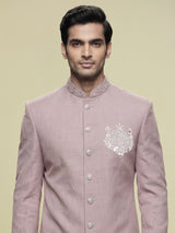 Dusty rose pink embellished crest motif indowestern suit for mens