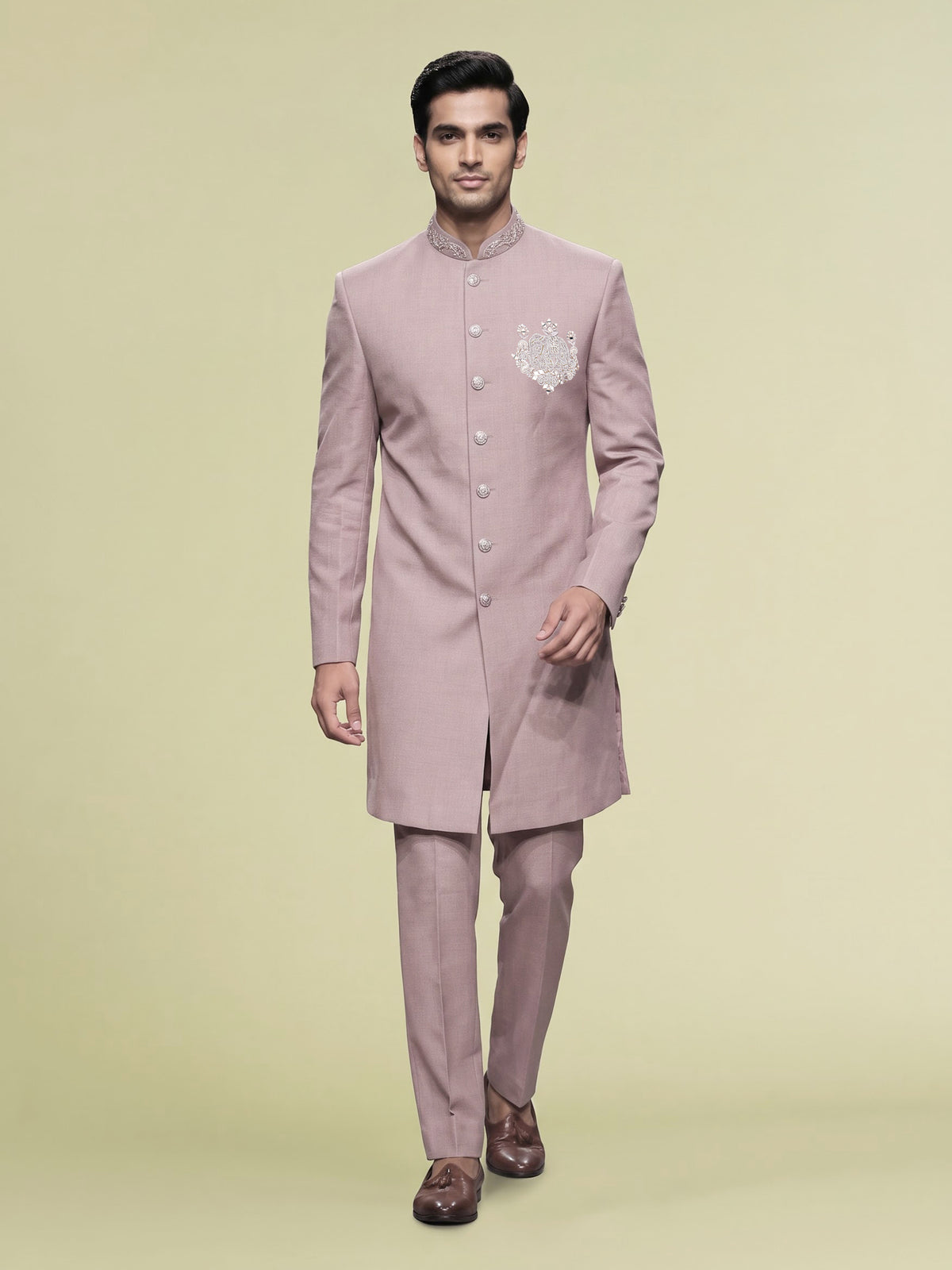 Dusty rose pink embellished crest motif indowestern suit for mens