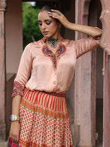 Traditional printed lehenga choli with stylish cowl top blouse