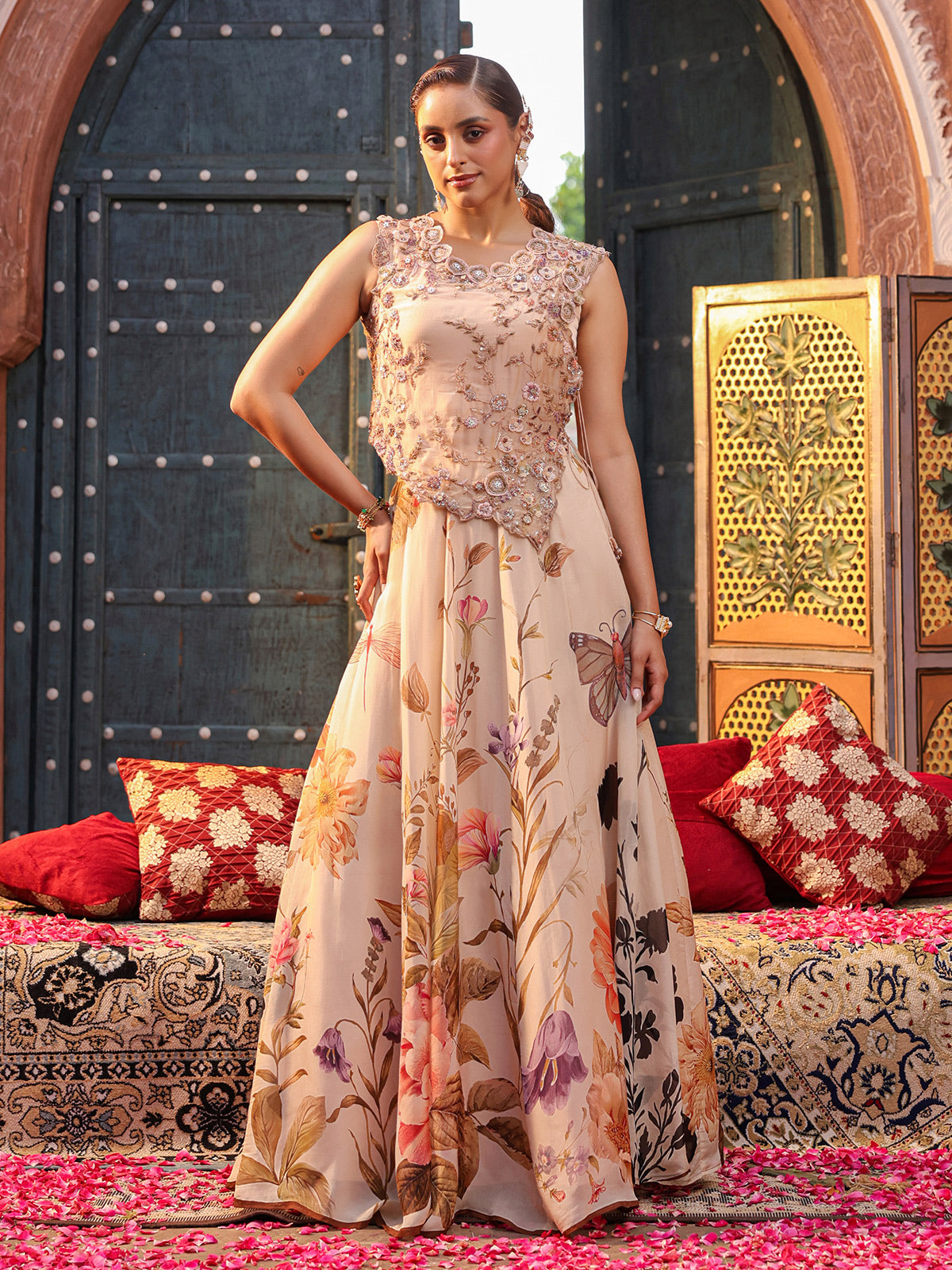 Beige floral printed lehenga choli with intricate embellished blouse