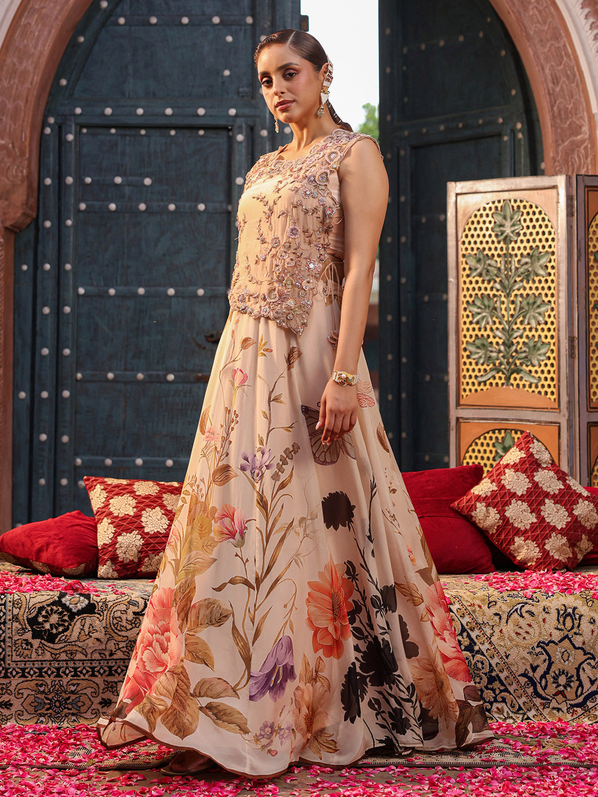 Beige floral printed lehenga choli with intricate embellished blouse