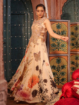 Beige floral printed lehenga choli with intricate embellished blouse