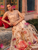 Beige floral printed lehenga choli with intricate embellished blouse