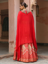 Red traditional printed lehenga choli with heavy work cape jacket