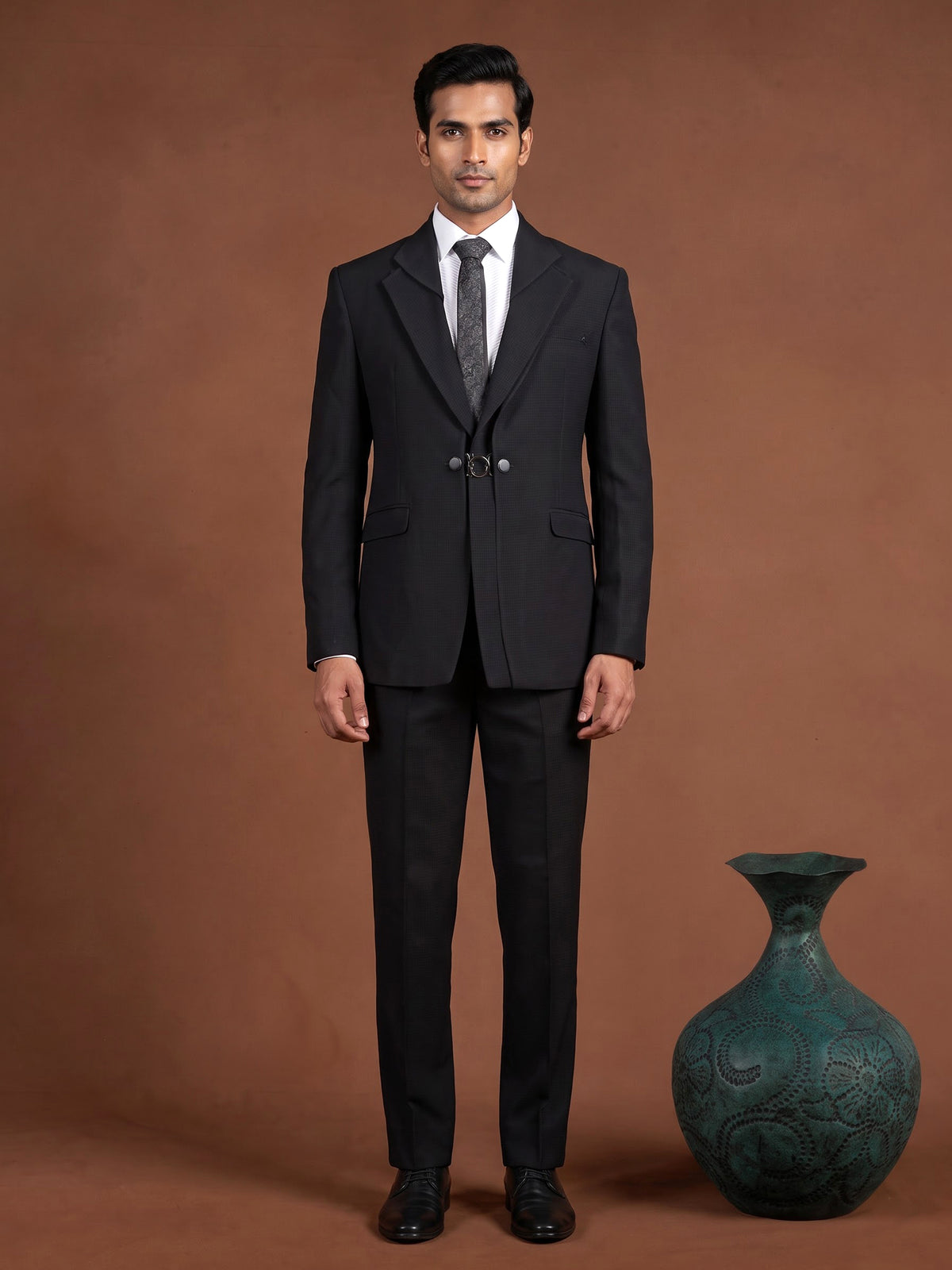 Classic black silk designer notch lapel coat suit for mens