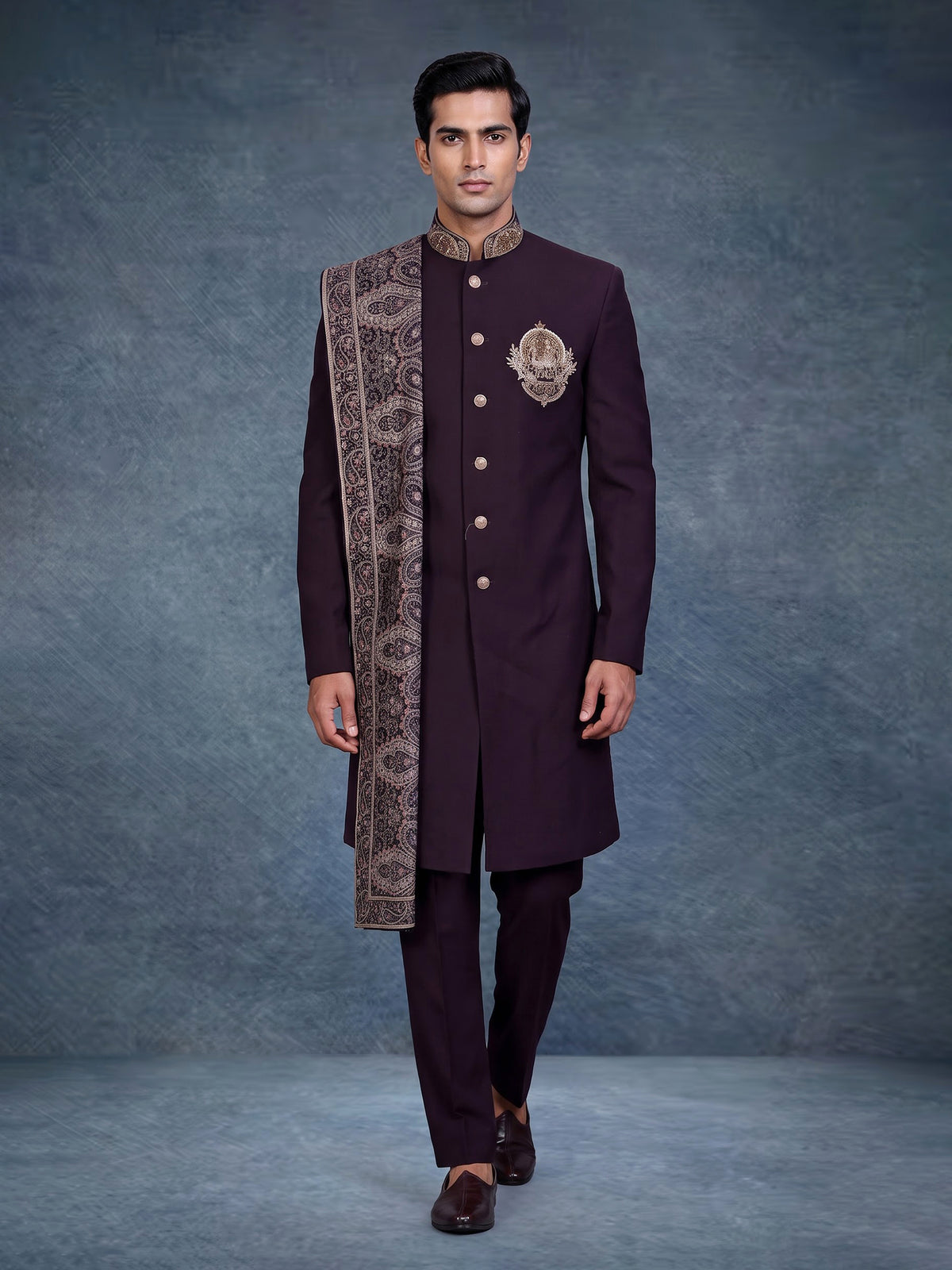 Wine embellished premium mens indo western