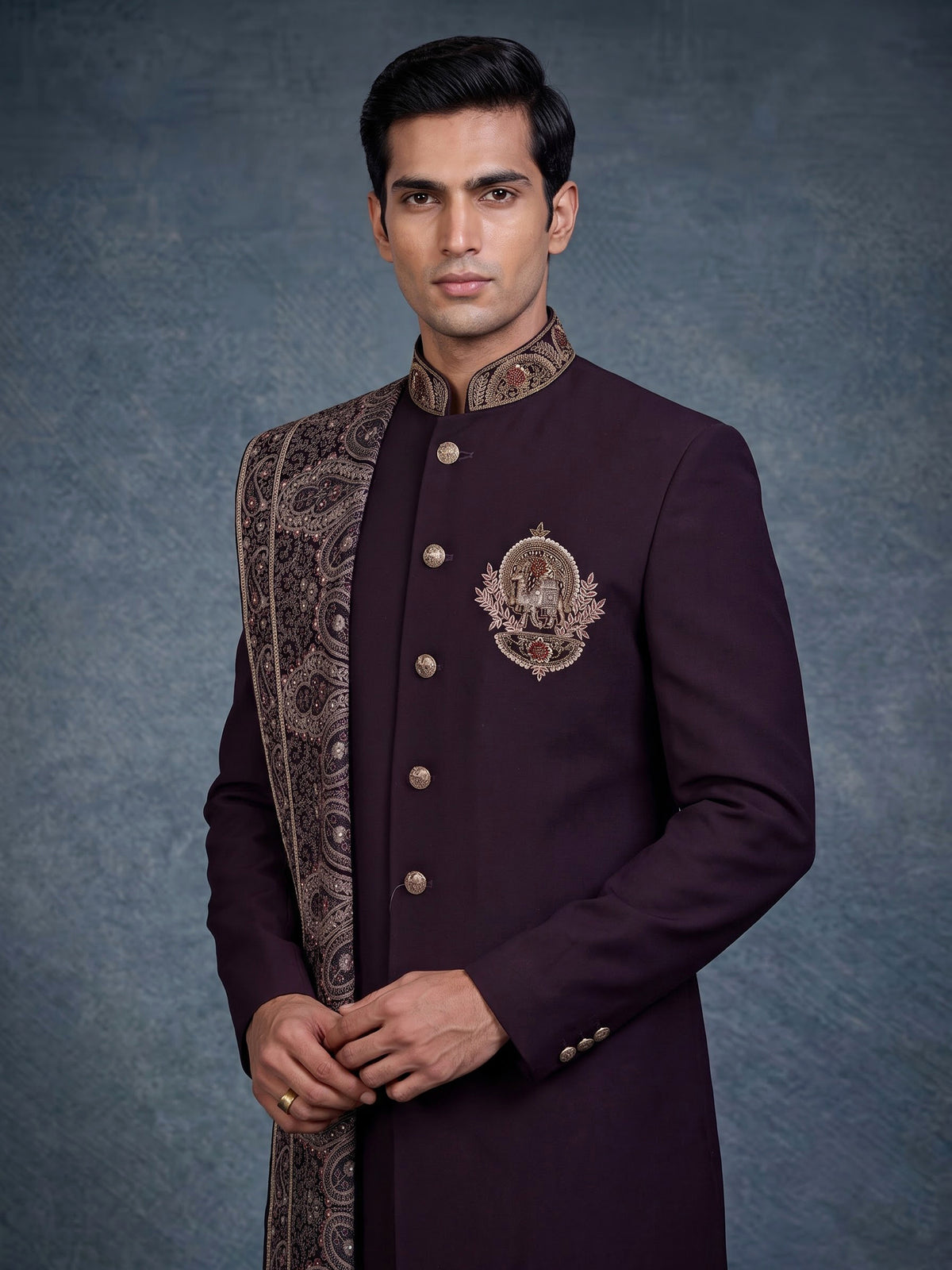 Wine embellished premium mens indo western