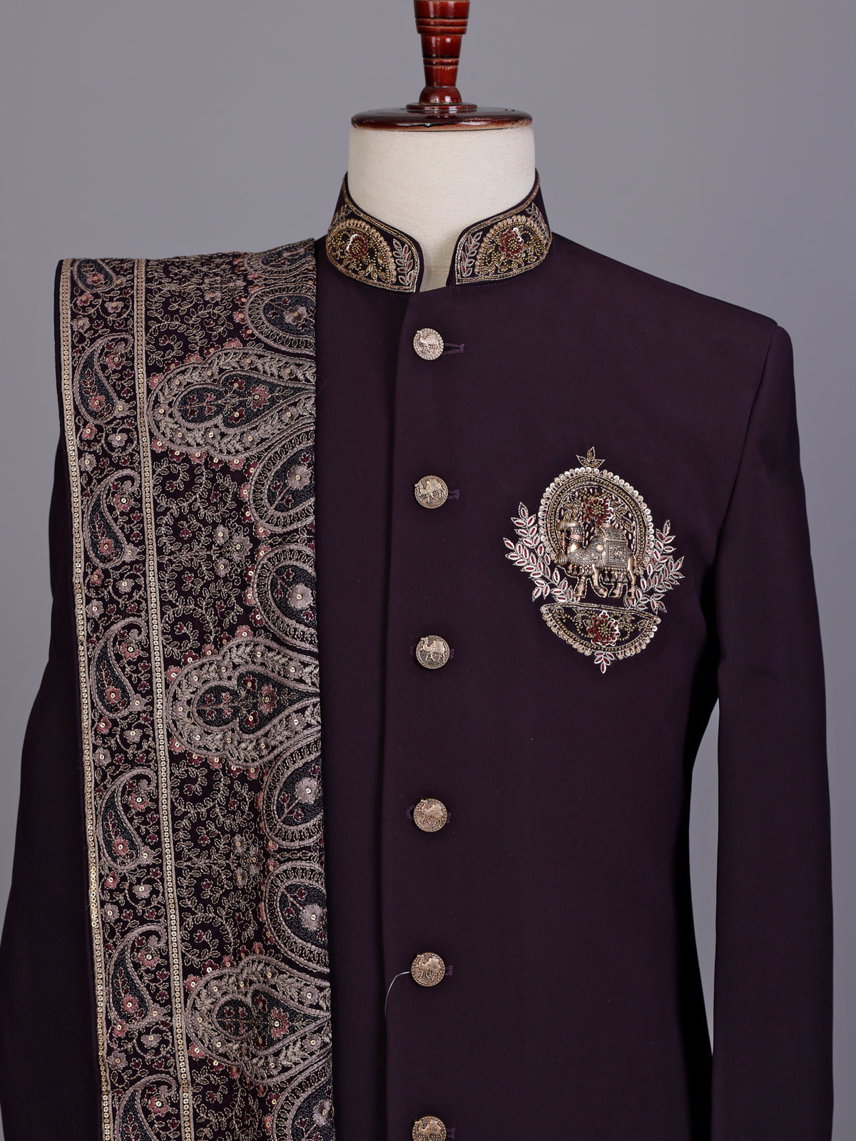 Wine embellished premium mens indo western