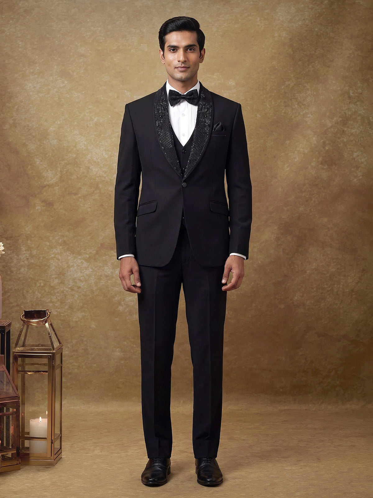 Black embellished terry rayon shawl lapel coat suit for mens