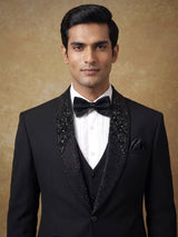 Black embellished terry rayon shawl lapel coat suit for mens