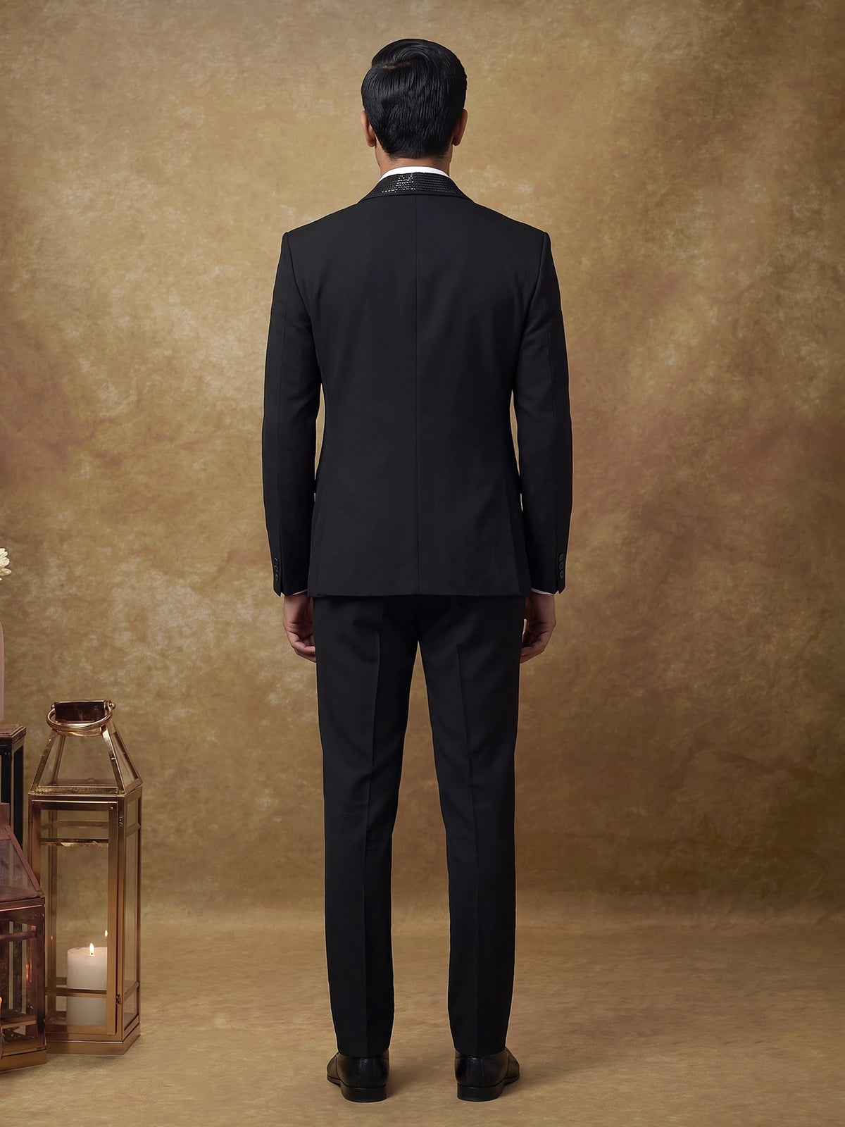 Black embellished terry rayon shawl lapel coat suit for mens