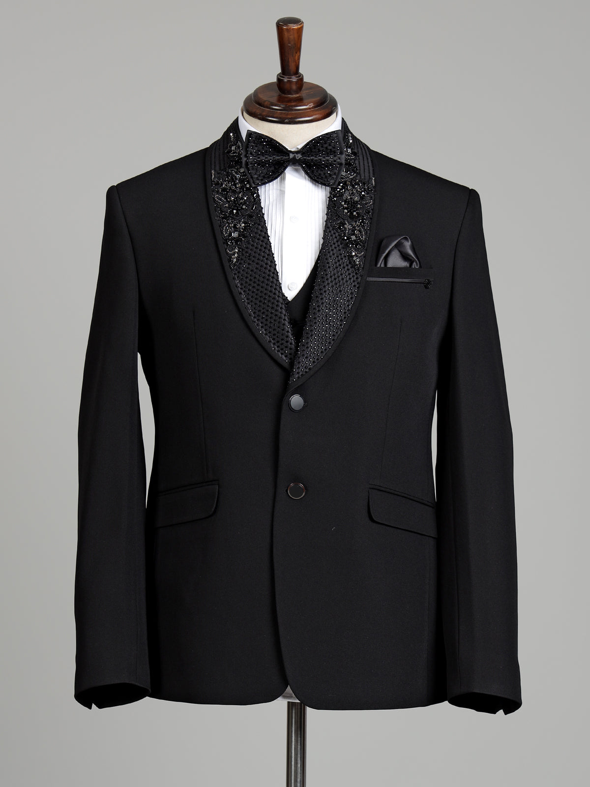 Black embellished terry rayon shawl lapel coat suit for mens