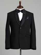 Black embellished terry rayon shawl lapel coat suit for mens