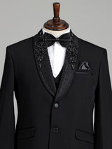 Black embellished terry rayon shawl lapel coat suit for mens