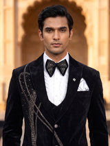 Black micro velvet embellished peak lapel coat suit for mens