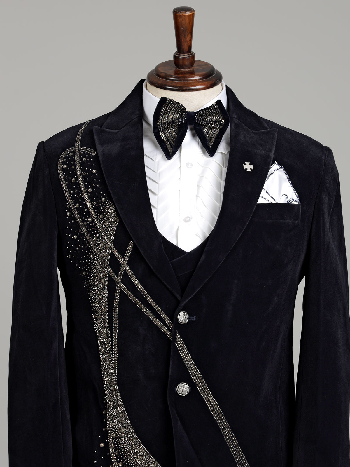 Black micro velvet embellished peak lapel coat suit for mens