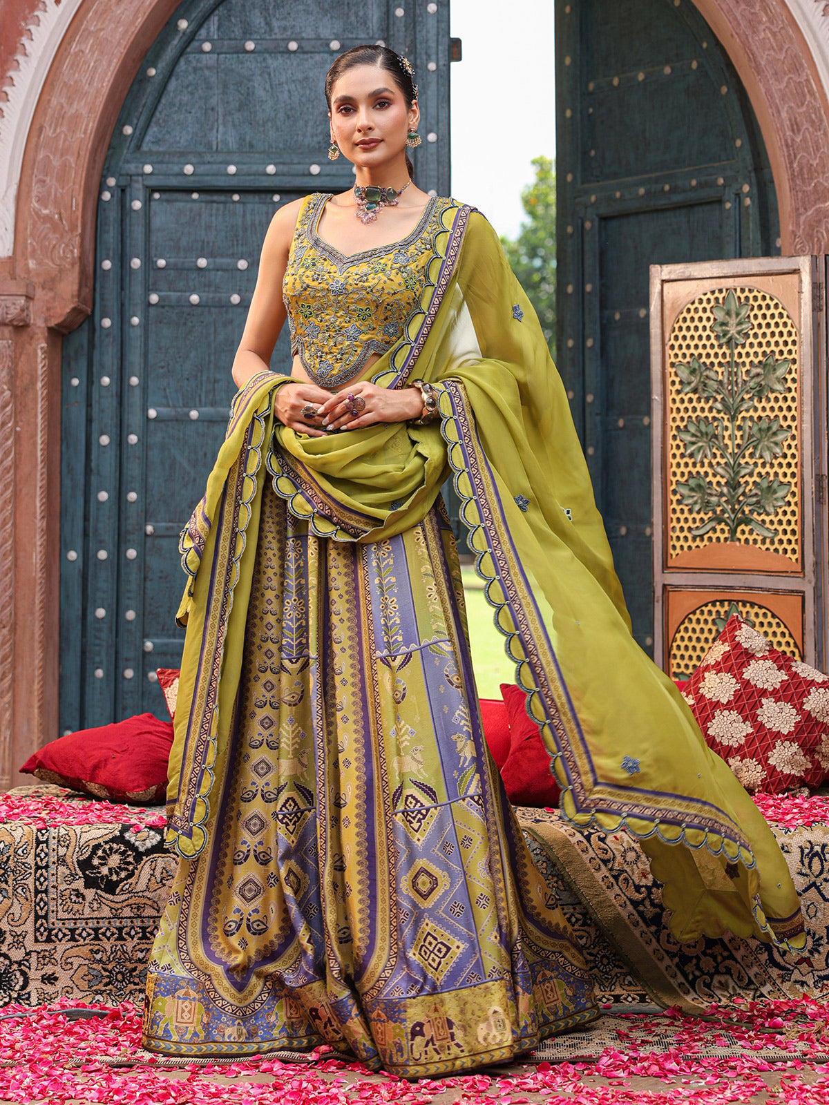 Mehendi green pichwai print lehenga choli with elegant dupatta
