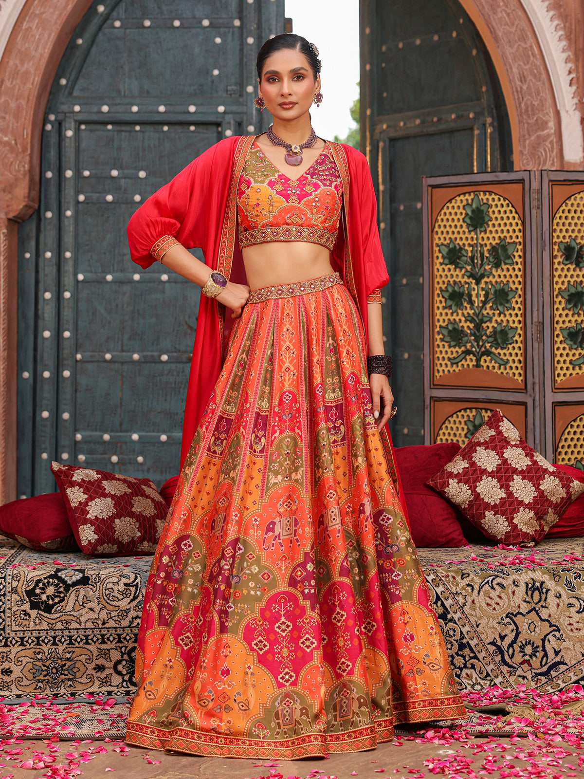 Deep orange ethnic printed lehenga choli with stylish jacket