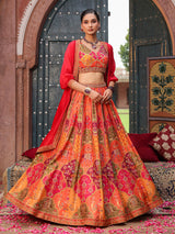 Deep orange ethnic printed lehenga choli with stylish jacket