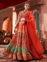 Red traditional print lehenga choli with elegant embellished dupatta