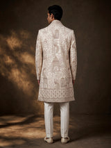 Cream silk royal groom indowestern set with embellished detailing