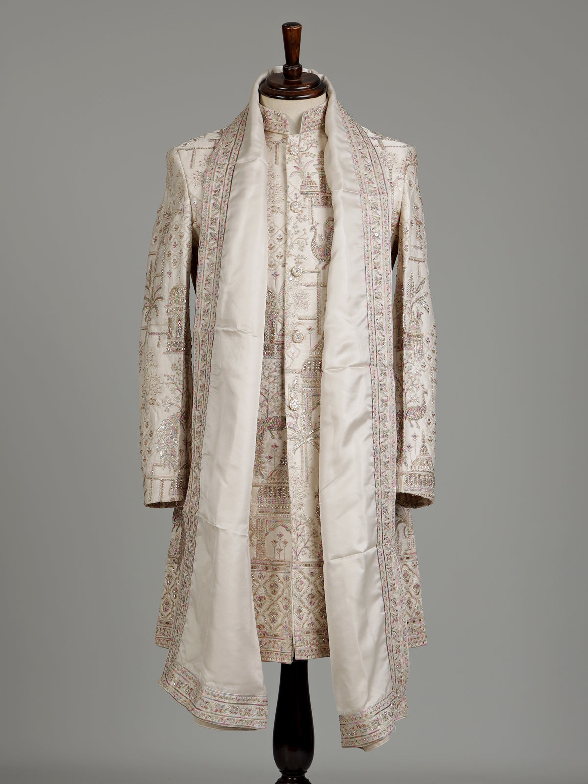 Cream silk royal groom indowestern set with embellished detailing
