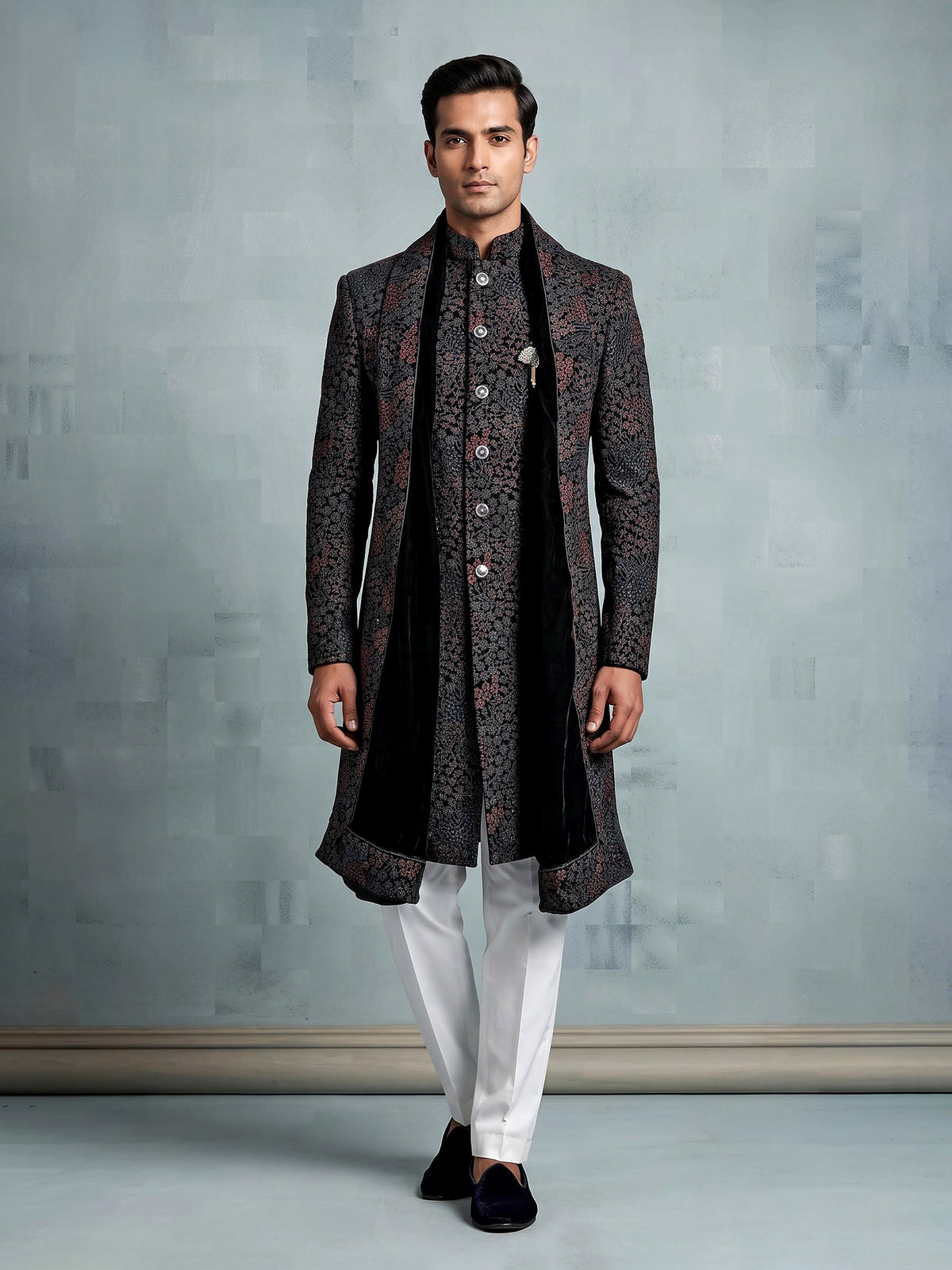 Black georgette embroidered bandhgala indowestern set for mens weddings