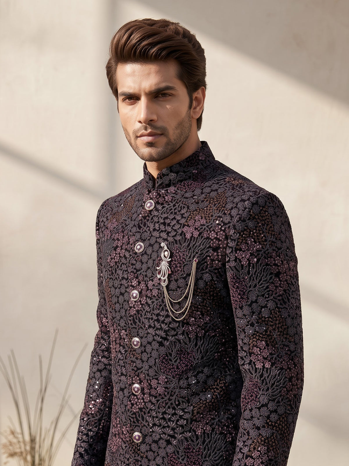 Black georgette embellished sherwani indowestern set for mens weddings