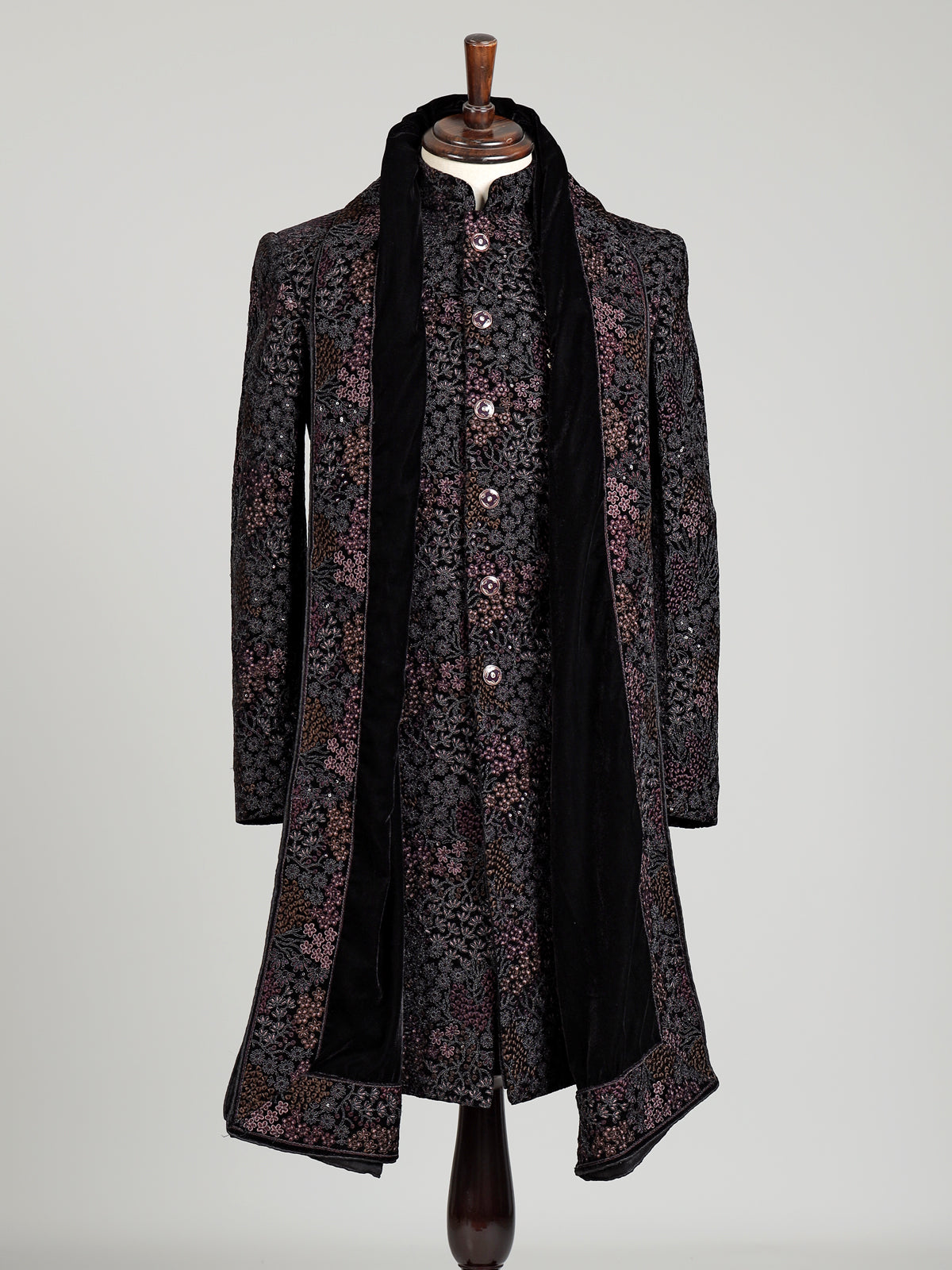 Black georgette embellished sherwani indowestern set for mens weddings