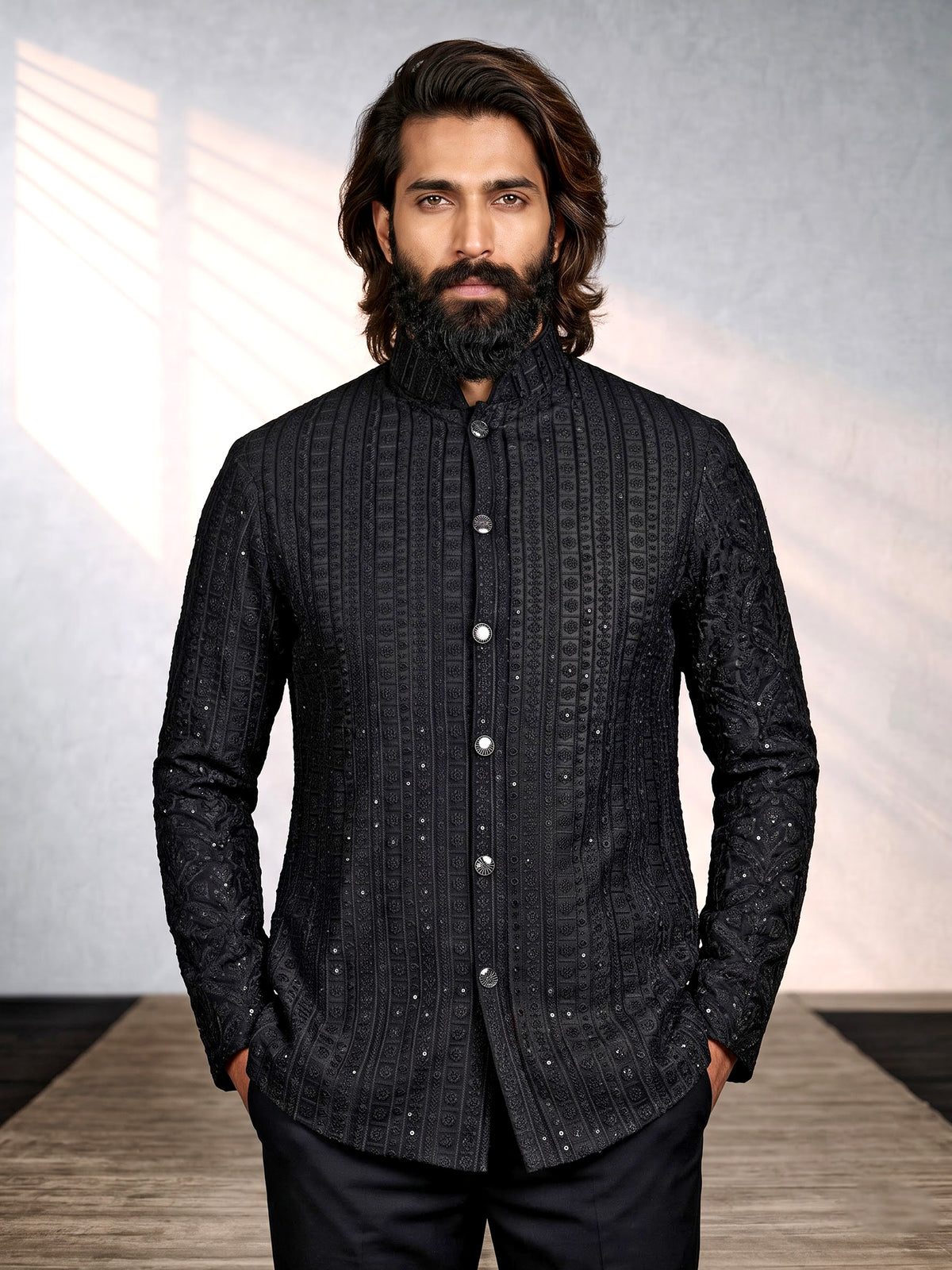 Black sequined cotton blend overlay indowestern set for mens weddings
