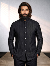 Black sequined cotton blend overlay indowestern set for mens weddings
