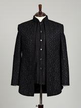 Black sequined cotton blend overlay indowestern set for mens weddings