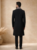 Black terry rayon embellished indowestern set for mens weddings