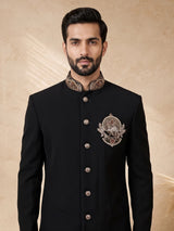 Black terry rayon embellished indowestern set for mens weddings