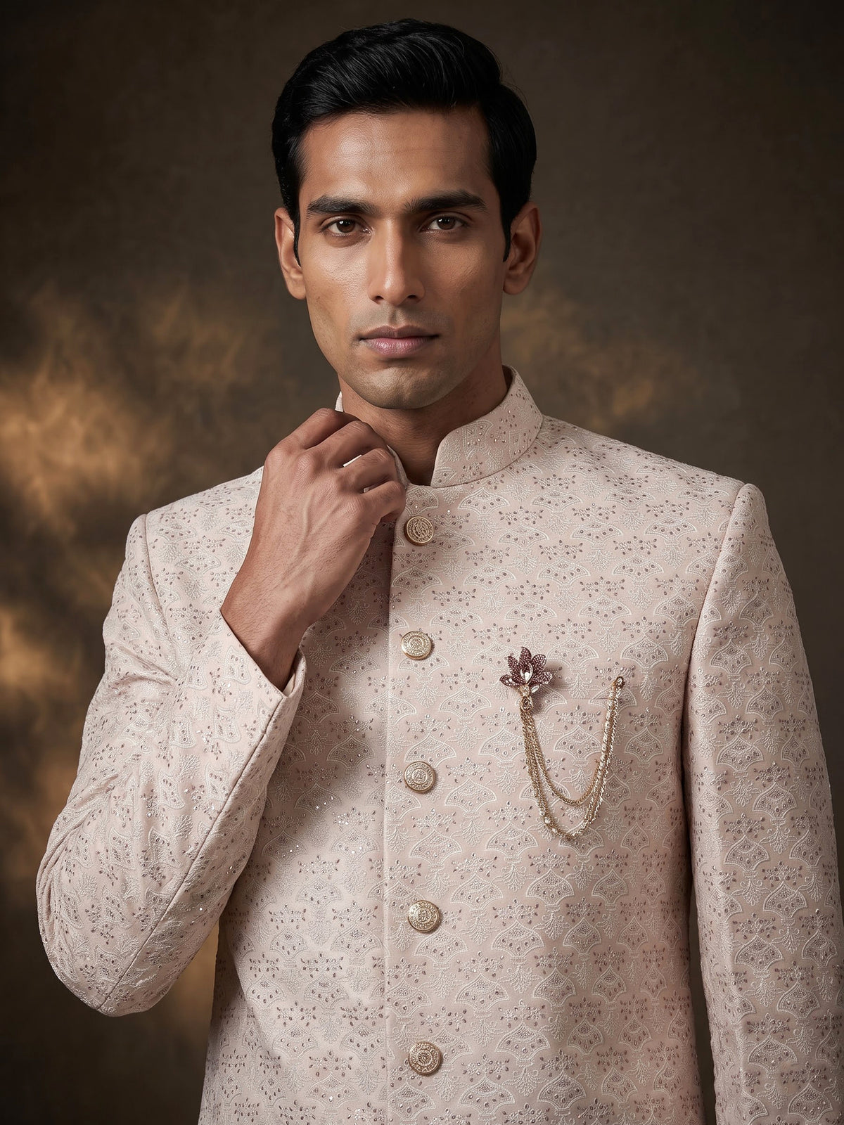 Light peach velvet embroidered achkan indowestern set for mens weddings