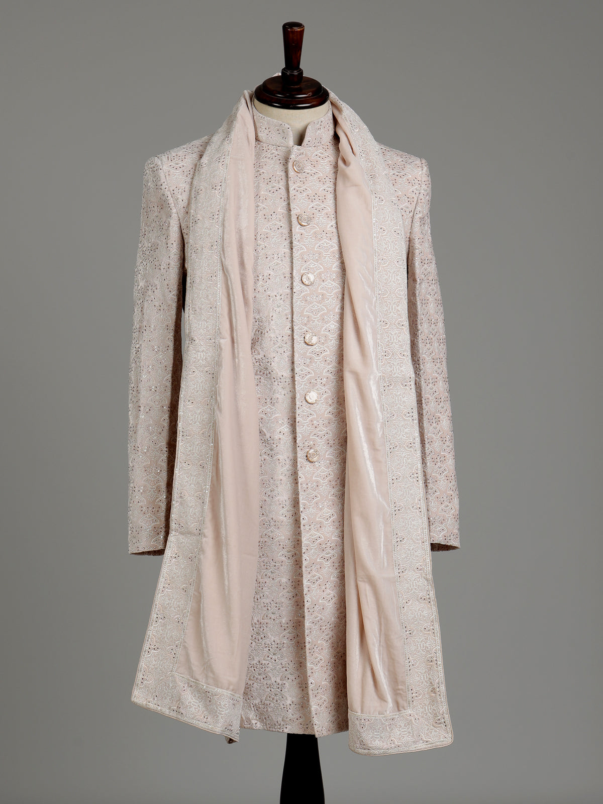 Light peach velvet embroidered achkan indowestern set for mens weddings
