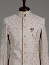 Light peach velvet embroidered achkan indowestern set for mens weddings