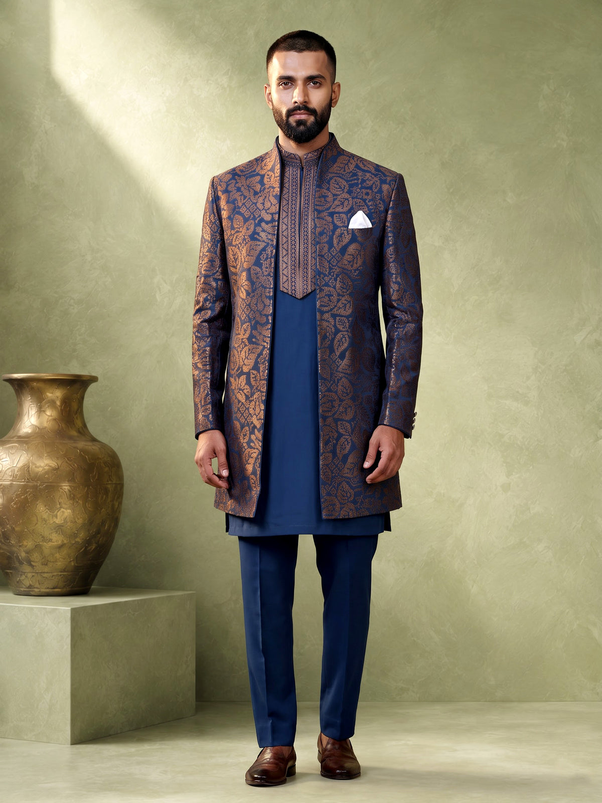 Teal blue brocade mens indo western