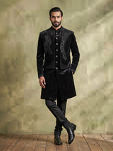 Black velvet embellished structured bandhgala indowestern set for mens