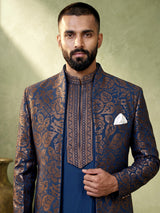Teal blue brocade mens indo western