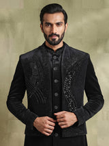 Black velvet embellished structured bandhgala indowestern set for mens