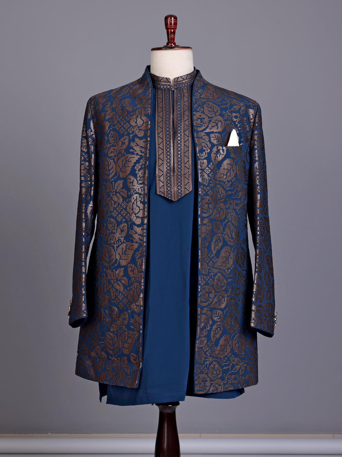 Teal blue brocade mens indo western