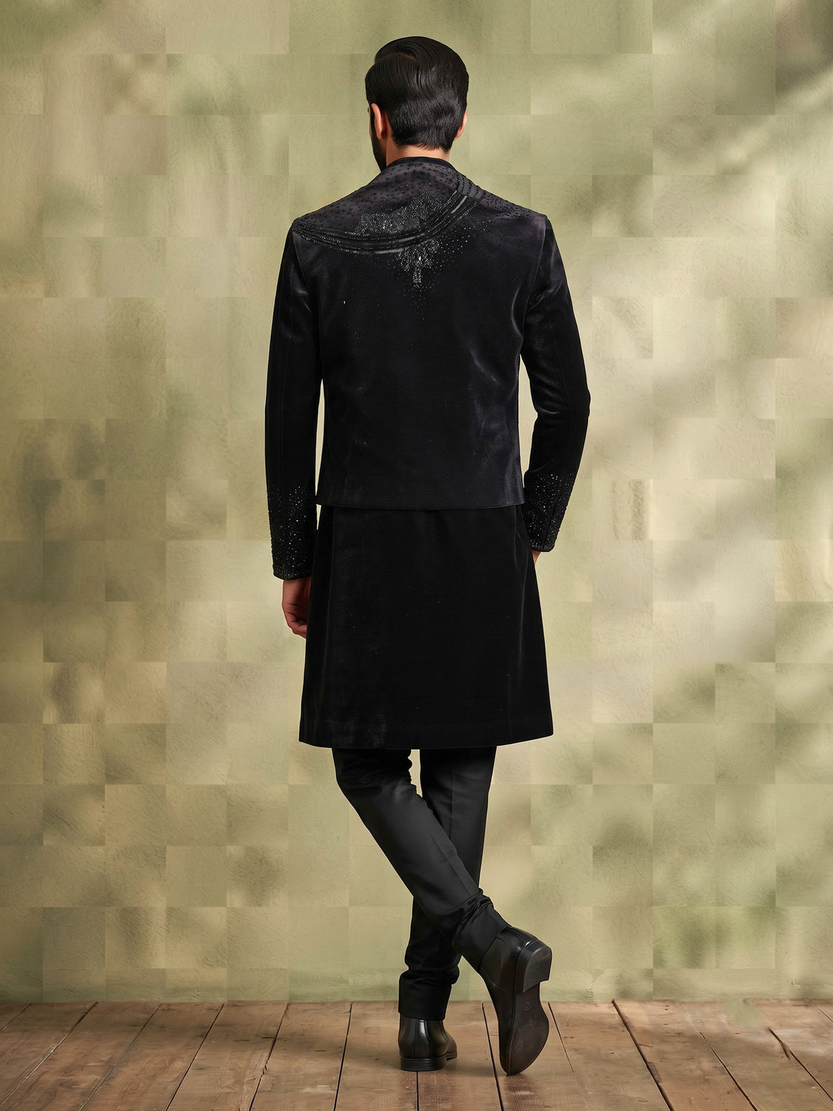 Black velvet embellished structured bandhgala indowestern set for mens