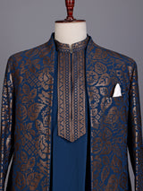 Teal blue brocade mens indo western