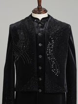 Black velvet embellished structured bandhgala indowestern set for mens